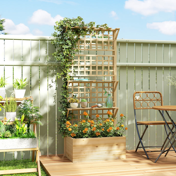 Jardineira com Treliça e Teto em Madeira, Jardineira Exterior Grande para Plantas Trepadeiras, com 2 Prateleiras, Drenagem e Forro, Floreira Elevada para Pátio, Terraço, 76x43,5x177 cm, Natural