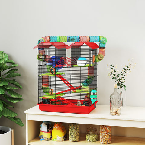 Gaiola para Hamster de 5 Níveis 47x30x59 cm Casa para Animais Pequenos com Túneis Tigela Bebedouro Casinha Roda de Exercício Rampas para Hamsters e Gerbos Vermelho