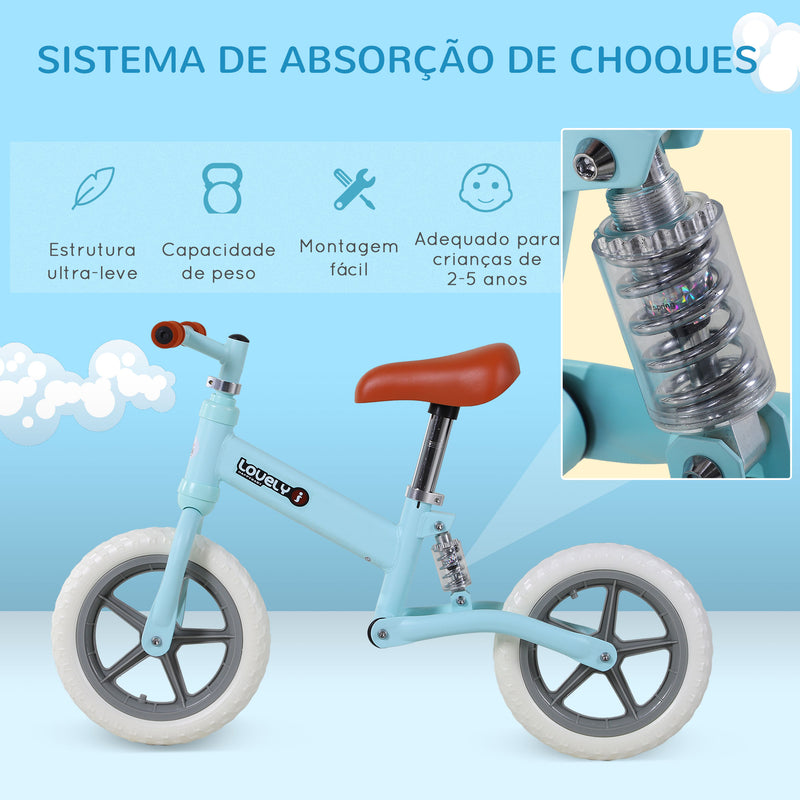 Bicicleta sem Pedais para Crianças entre 2-5 Anos Bicicleta de Equilíbrio com Assento Ajustável Rodas Antiderrapantes Carga Máxima 25kg 85x36x54cm Azul