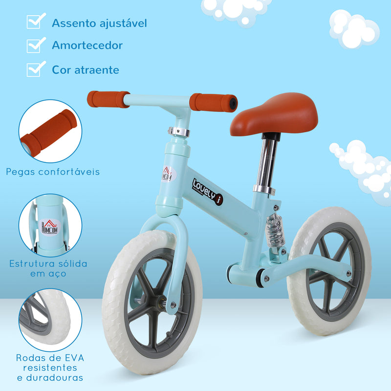 Bicicleta sem Pedais para Crianças entre 2-5 Anos Bicicleta de Equilíbrio com Assento Ajustável Rodas Antiderrapantes Carga Máxima 25kg 85x36x54cm Azul