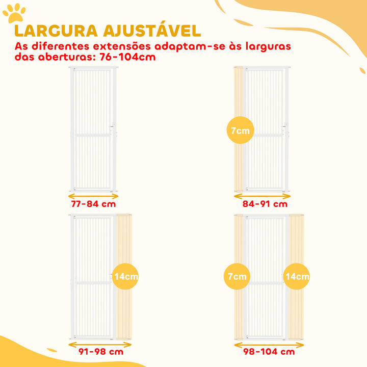 Barreira de Segurança para Cães e Gatos Extra Alta 180 cm Barreira para Cães Extensível 76-104 cm Separação 3,5 cm para Portas e Escadas com Montagem por Pressão 2 Extensões Branco