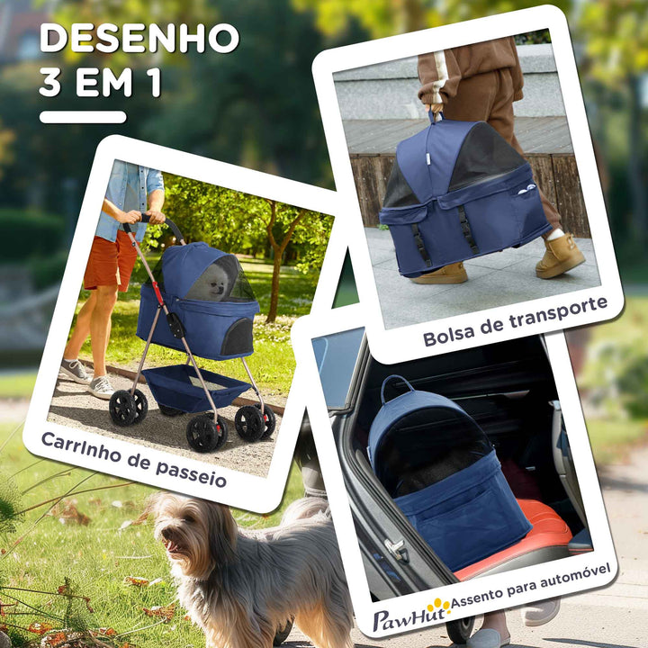 Carrinho para Cães Dobrável 3 em 1 Carrinho para Animais Carrinho para Cães Miniatura com Cesta de Armazenamento Janela de Malha Portacopos e 2 Rodas Universais 76x50x102 cm Azul Escuro