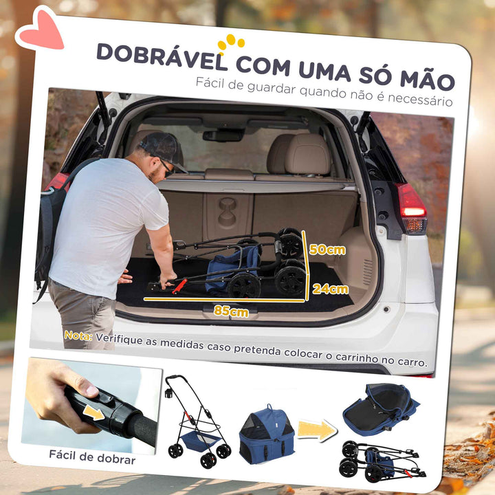 Carrinho para Cães Dobrável 3 em 1 Carrinho para Animais Carrinho para Cães Miniatura com Cesta de Armazenamento Janela de Malha Portacopos e 2 Rodas Universais 76x50x102 cm Azul Escuro