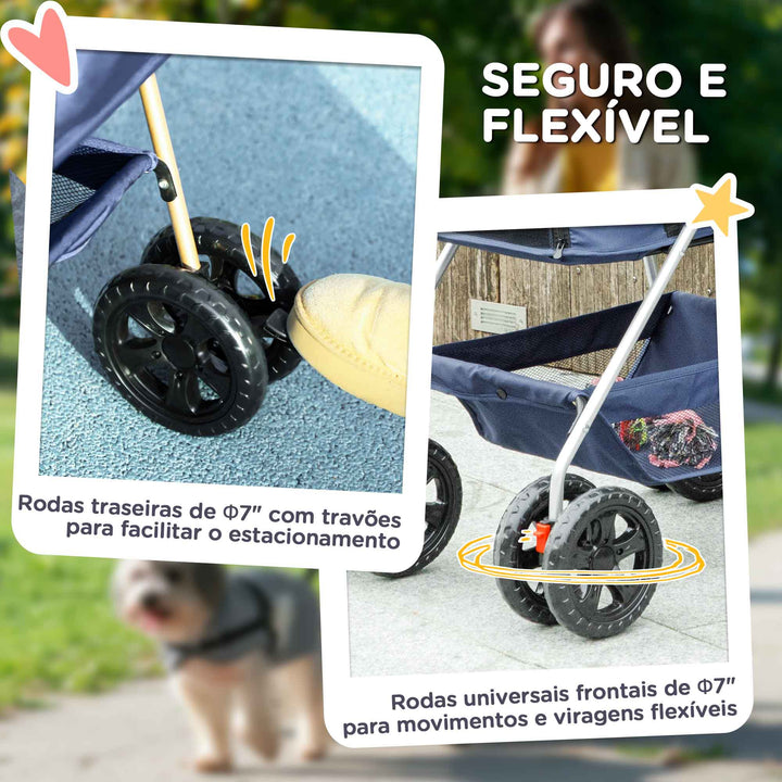 Carrinho para Cães Dobrável 3 em 1 Carrinho para Animais Carrinho para Cães Miniatura com Cesta de Armazenamento Janela de Malha Portacopos e 2 Rodas Universais 76x50x102 cm Azul Escuro