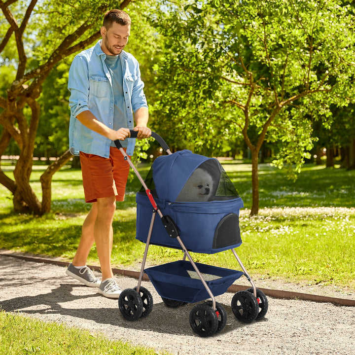 Carrinho para Cães Dobrável 3 em 1 Carrinho para Animais Carrinho para Cães Miniatura com Cesta de Armazenamento Janela de Malha Portacopos e 2 Rodas Universais 76x50x102 cm Azul Escuro