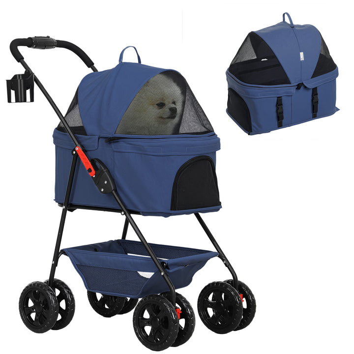 Carrinho para Cães Dobrável 3 em 1 Carrinho para Animais Carrinho para Cães Miniatura com Cesta de Armazenamento Janela de Malha Portacopos e 2 Rodas Universais 76x50x102 cm Azul Escuro