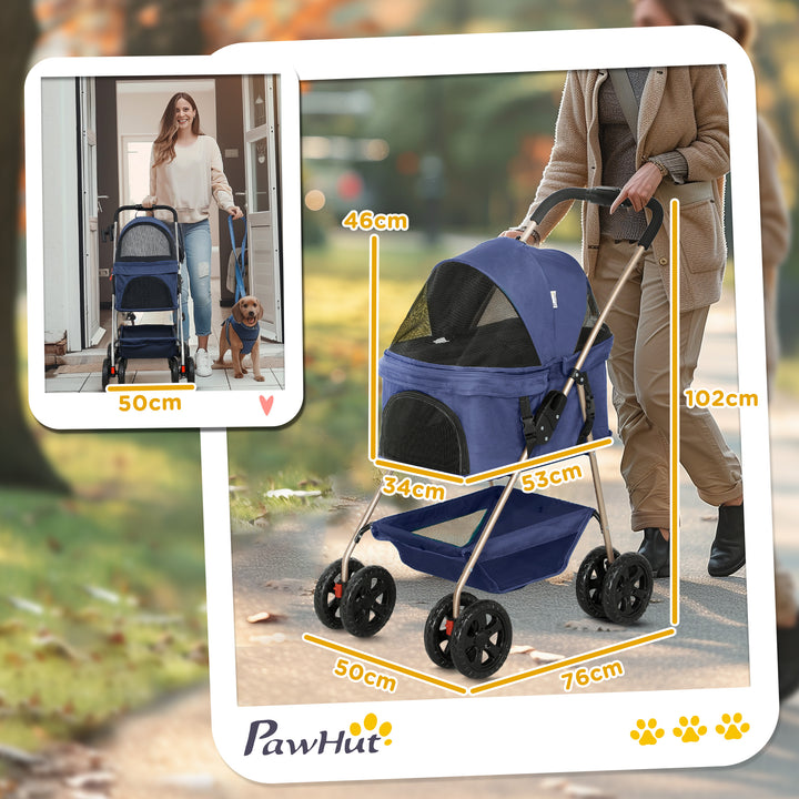 Carrinho para Cães Dobrável 3 em 1 Carrinho para Animais Carrinho para Cães Miniatura com Cesta de Armazenamento Janela de Malha Portacopos e 2 Rodas Universais 76x50x102 cm Azul Escuro