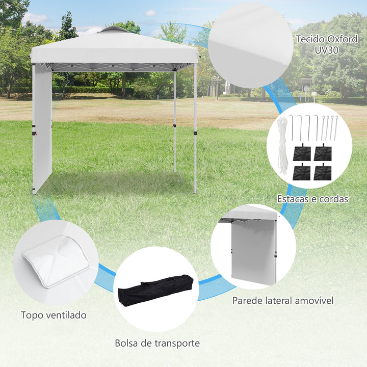 Tenda Dobrável 247x247x268 cm Altura Ajustável Tenda de Jardim com 1 Parede Lateral Teto com Ventilação e Bolsa de Transporte para Acampamento Festas Branco