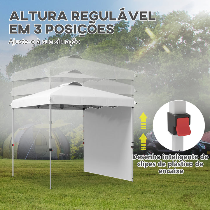 Tenda Dobrável 247x247x268 cm Altura Ajustável Tenda de Jardim com 1 Parede Lateral Teto com Ventilação e Bolsa de Transporte para Acampamento Festas Branco