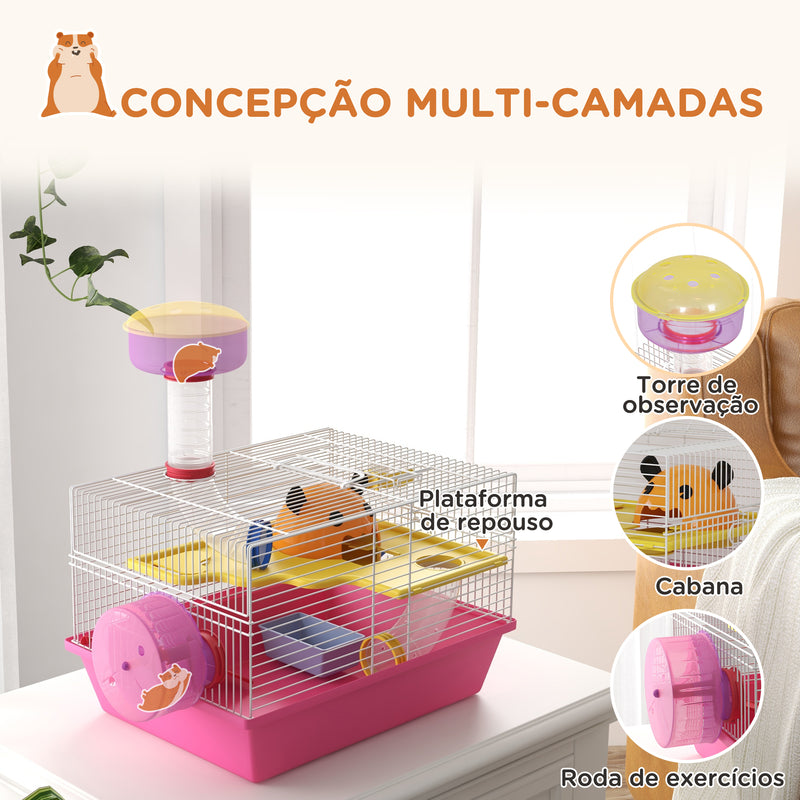 Gaiola para Hamsters Gaiola para Animais Pequenos com Comedouro Bebedouro Roda de Exercício Torre de Observação e Casinha 34x27x25 cm Multicolor