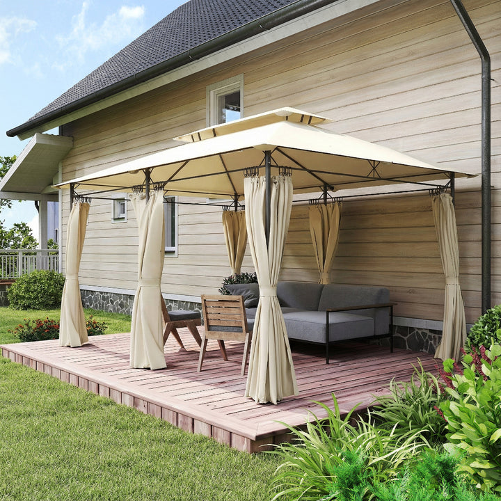 Pérgola de Jardim 397x297x265 cm Pérgola de Exterior com Teto Duplo Paredes Laterais Resistente a Água Pérgola para Pátio Bege