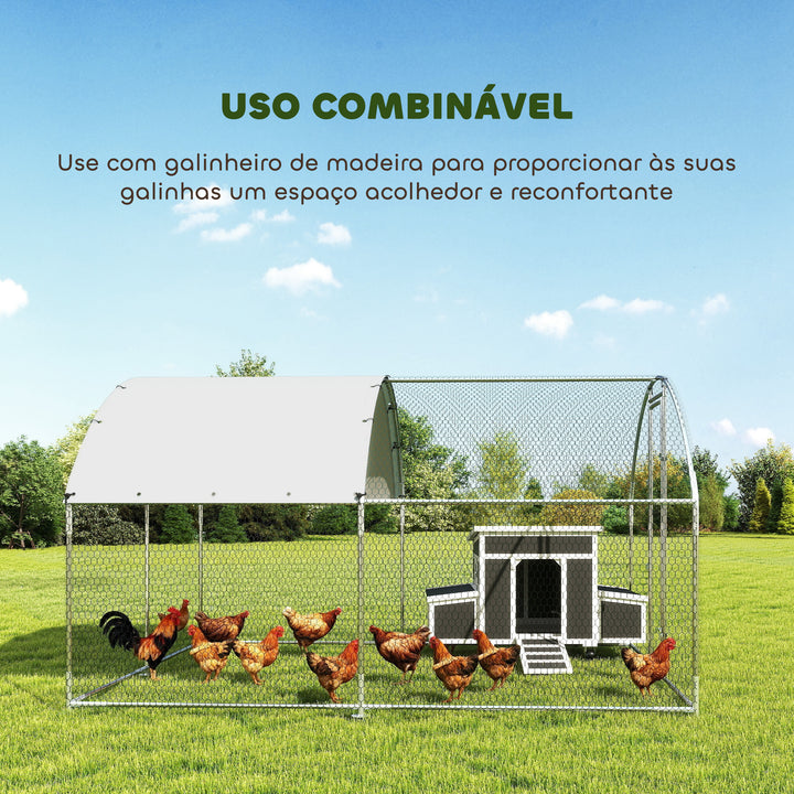 Galinheiro Exterior 2,8x3,4x1,9 m Galinheiro de Aço Galvanizado com Cobertura de Tecido Oxford Anti-UV e Impermeável, Porta e Fechos Gaiola para 10-16 Galinhas Prata