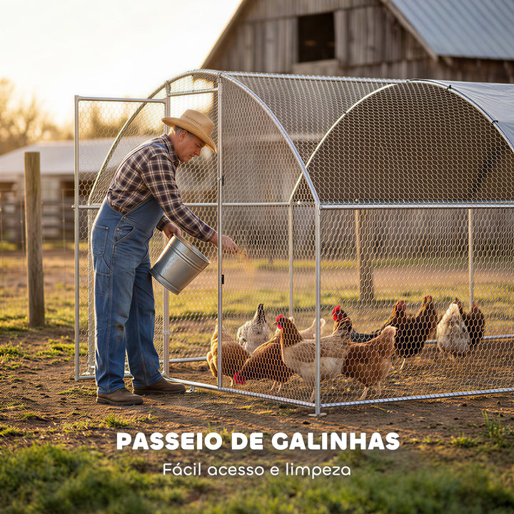Galinheiro Exterior 2,8x3,4x1,9 m Galinheiro de Aço Galvanizado com Cobertura de Tecido Oxford Anti-UV e Impermeável, Porta e Fechos Gaiola para 10-16 Galinhas Prata