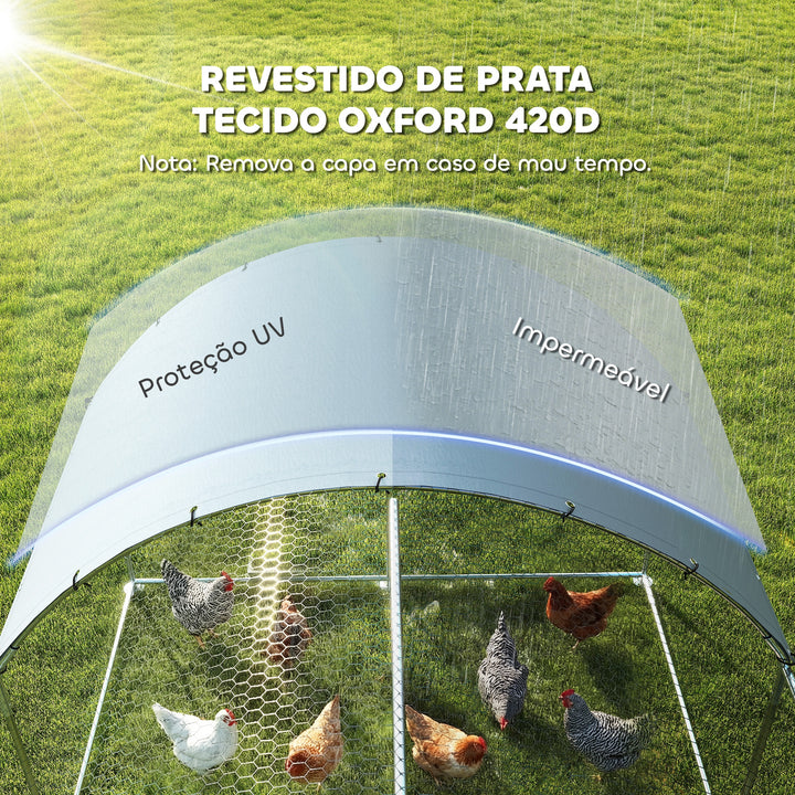 Galinheiro Exterior 2,8x3,4x1,9 m Galinheiro de Aço Galvanizado com Cobertura de Tecido Oxford Anti-UV e Impermeável, Porta e Fechos Gaiola para 10-16 Galinhas Prata