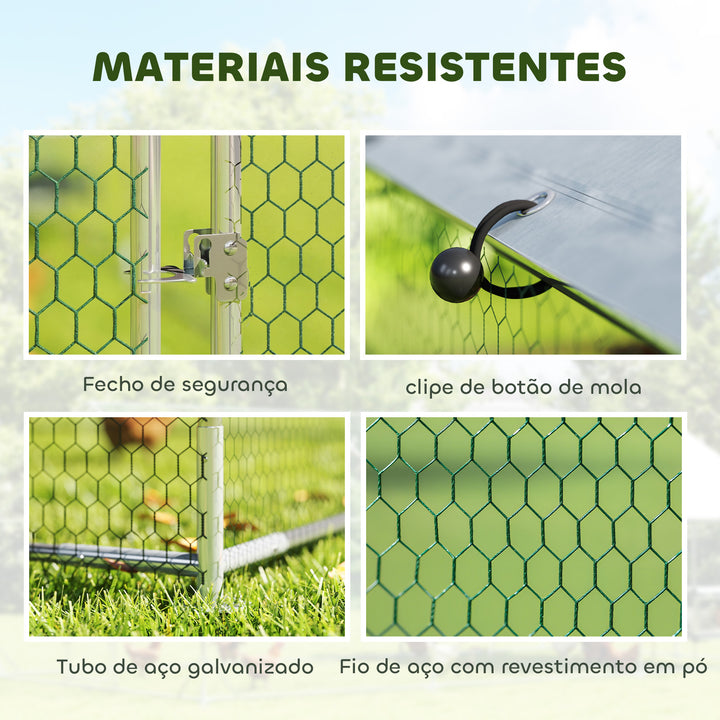 Galinheiro Exterior 2,8x3,4x1,9 m Galinheiro de Aço Galvanizado com Cobertura de Tecido Oxford Anti-UV e Impermeável, Porta e Fechos Gaiola para 10-16 Galinhas Prata