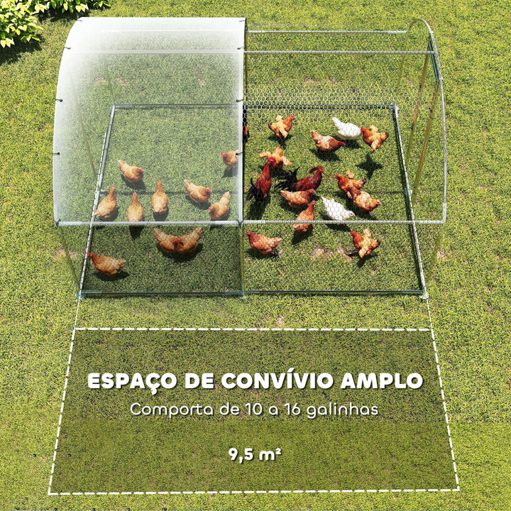 Galinheiro Exterior 2,8x3,4x1,9 m Galinheiro de Aço Galvanizado com Cobertura de Tecido Oxford Anti-UV e Impermeável, Porta e Fechos Gaiola para 10-16 Galinhas Prata
