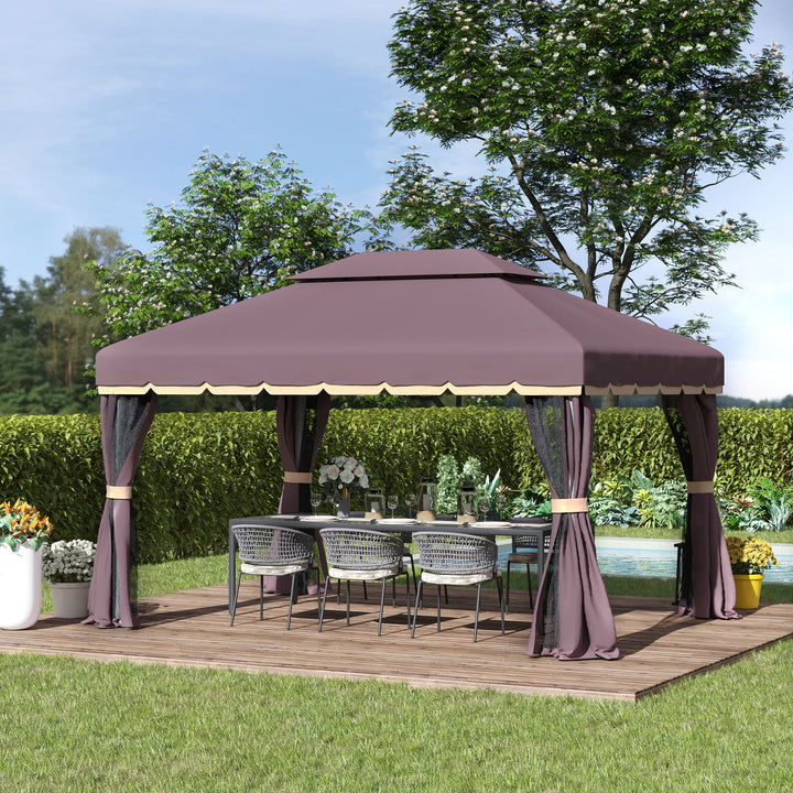 Pérgola de Jardim 4x3m Pérgola de Alumínio com Teto de Ventilação 4 Cortinas Laterais Tela Mosquiteira e 8 Orifícios de Drenagem para Exterior Pátio Festas Marrom