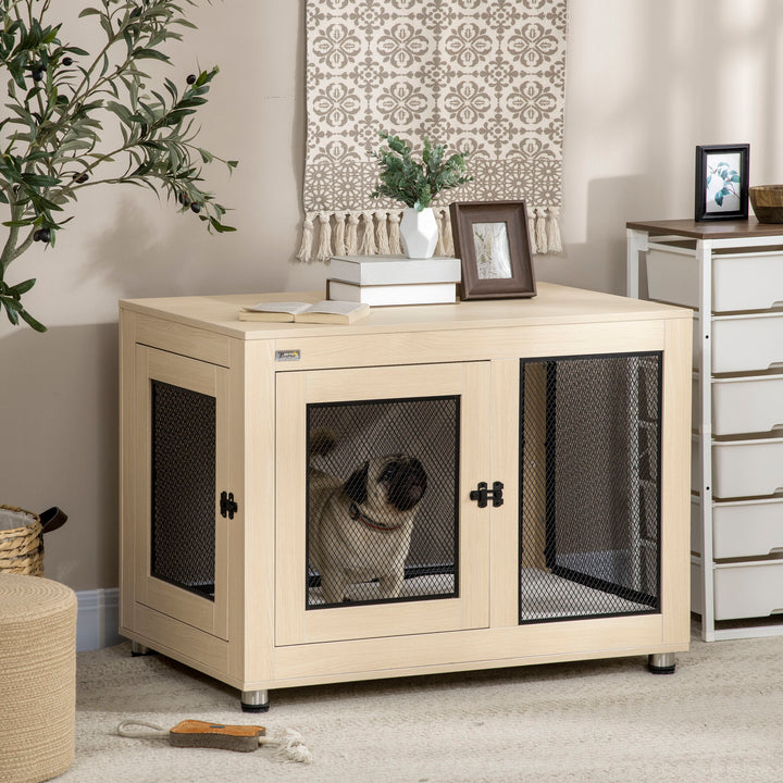 Gaiola para Cães de Madeira Mesa de Centro 94x60x71,5cm Móvel com 2 Portas com Fechadura Almofada de Tecido Oxford e Grades de Aço Madeira