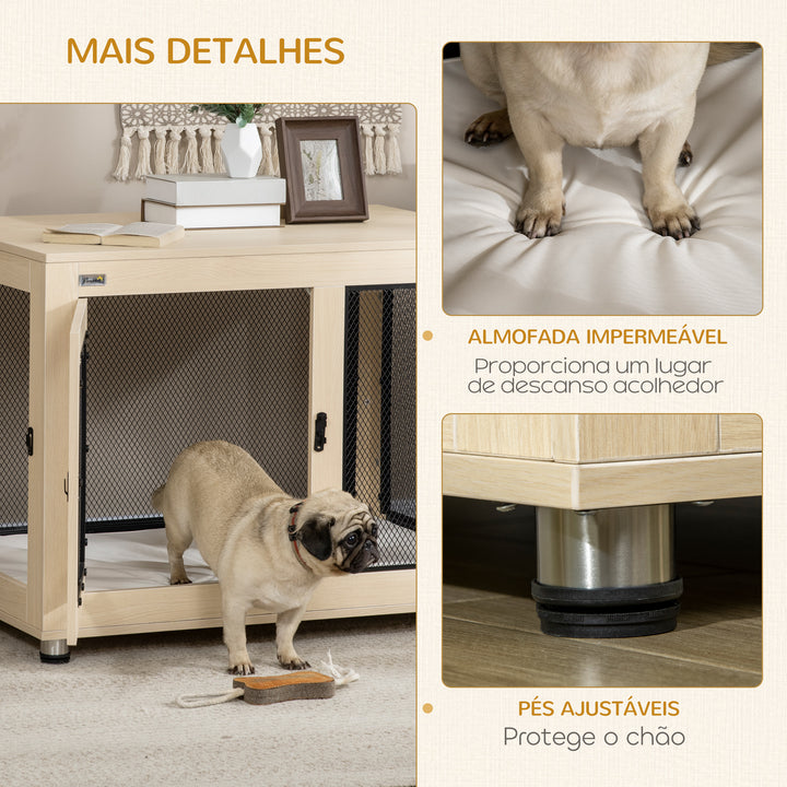 Gaiola para Cães de Madeira Mesa de Centro 94x60x71,5cm Móvel com 2 Portas com Fechadura Almofada de Tecido Oxford e Grades de Aço Madeira