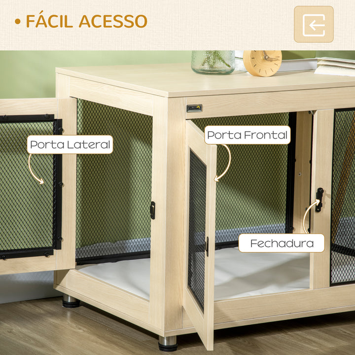 Gaiola para Cães de Madeira Mesa de Centro 94x60x71,5cm Móvel com 2 Portas com Fechadura Almofada de Tecido Oxford e Grades de Aço Madeira