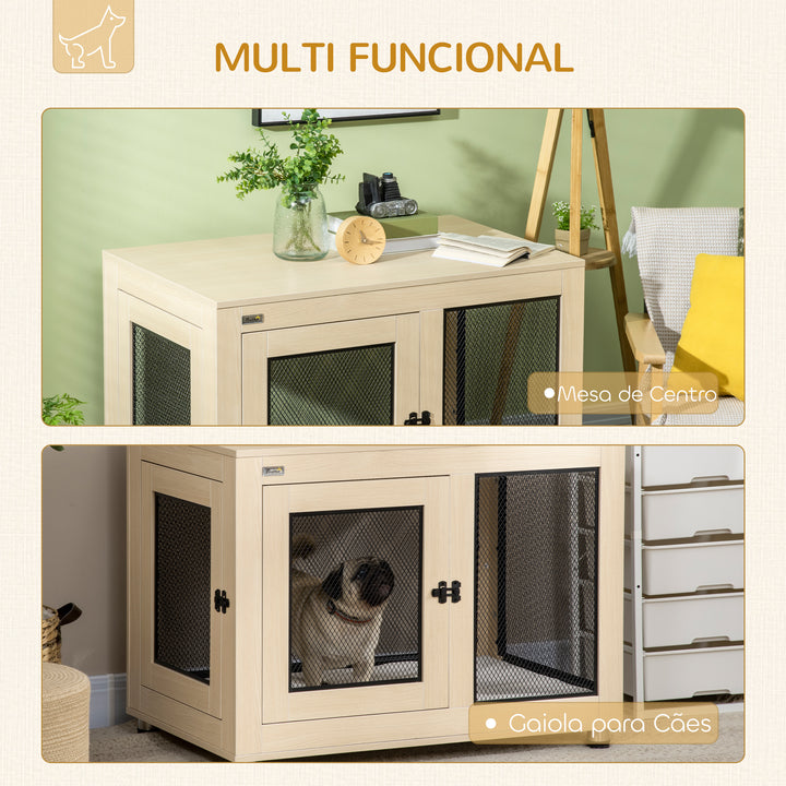 Gaiola para Cães de Madeira Mesa de Centro 94x60x71,5cm Móvel com 2 Portas com Fechadura Almofada de Tecido Oxford e Grades de Aço Madeira