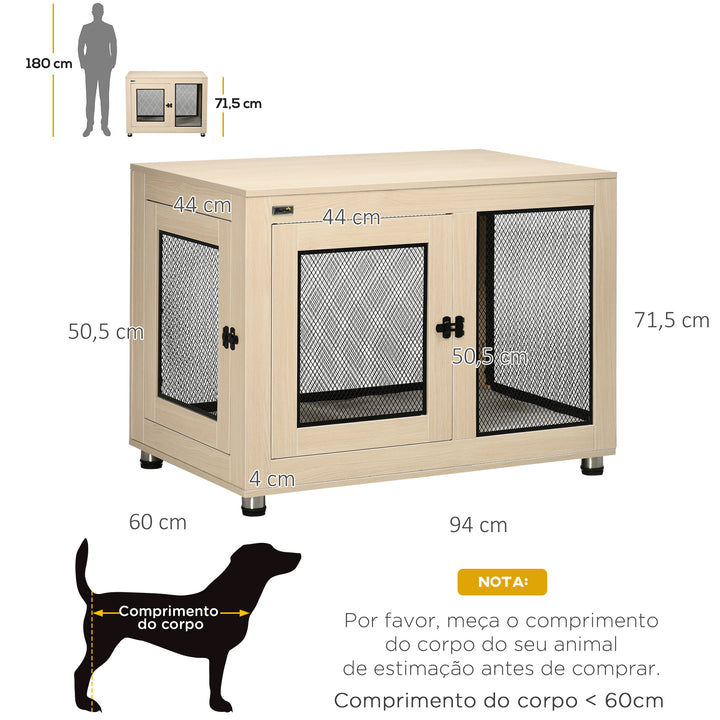 Gaiola para Cães de Madeira Mesa de Centro 94x60x71,5cm Móvel com 2 Portas com Fechadura Almofada de Tecido Oxford e Grades de Aço Madeira
