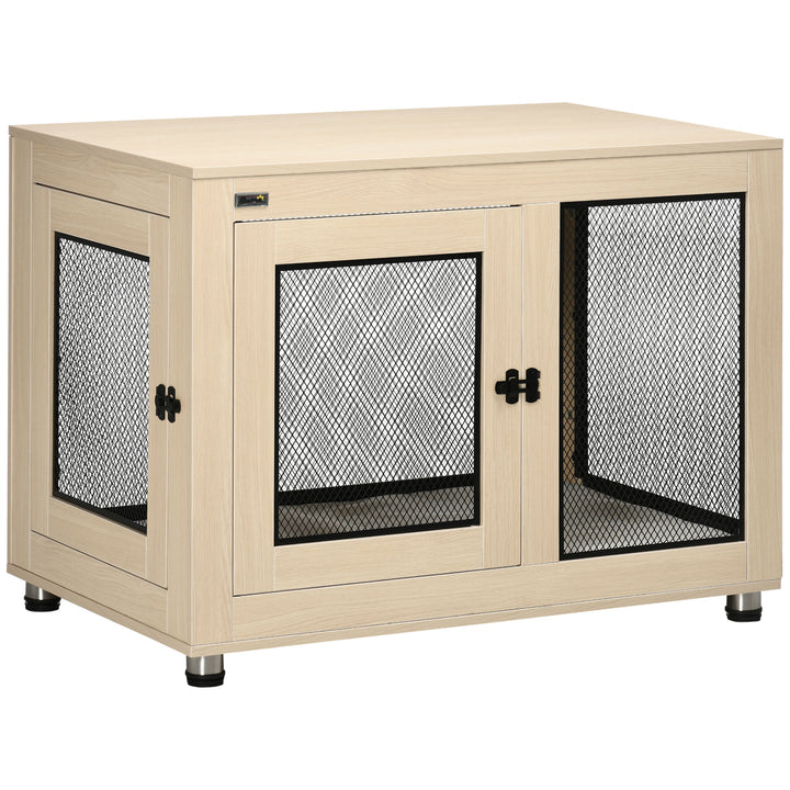 Gaiola para Cães de Madeira Mesa de Centro 94x60x71,5cm Móvel com 2 Portas com Fechadura Almofada de Tecido Oxford e Grades de Aço Madeira