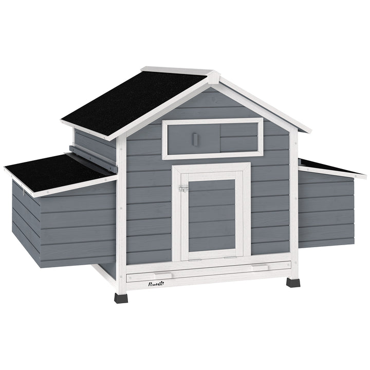 Galinheiro de Madeira para Exterior Casa para Galinhas com 2 Ninhos Bandeja Removível Poleiros Telhado Impermeáve, Casa para 2-4 Galinhas e Coelhos 150x100x96,5 cm Cinzento