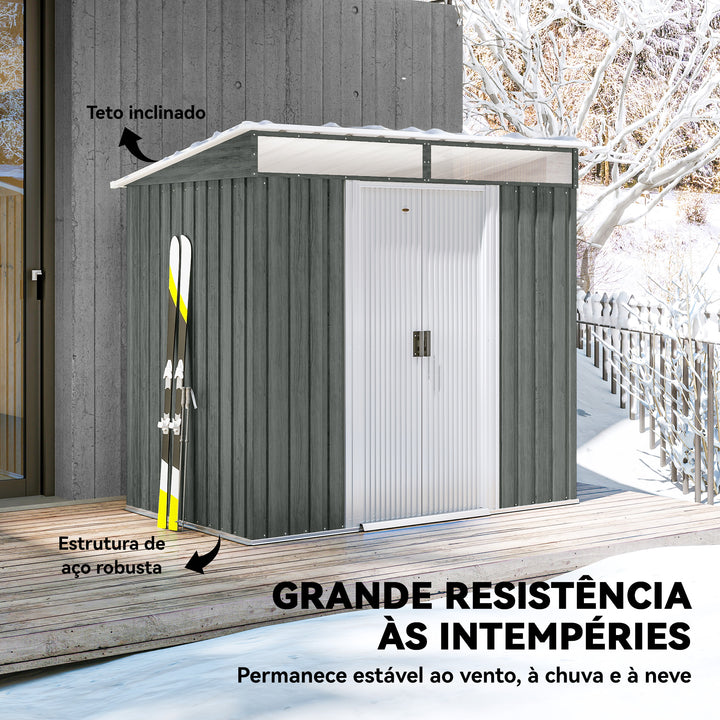 Abrigo de Jardim Exterior 2 m² 195x122x181,5 cm Abrigo Metálico com Base SEM CHÃO 2 Portas de Correr Janelas e Ganchos para Ferramentas Cinza Claro