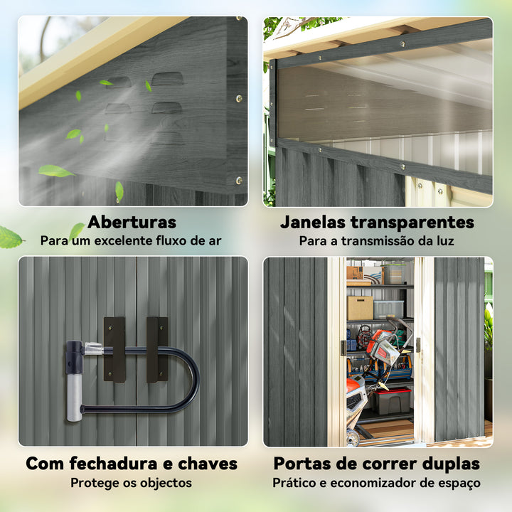 Abrigo de Jardim Exterior 2 m² 195x122x181,5 cm Abrigo Metálico com Base SEM CHÃO 2 Portas de Correr Janelas e Ganchos para Ferramentas Cinza Claro