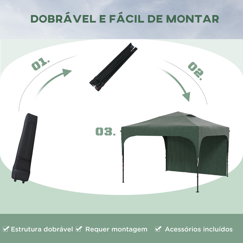 Tenda Dobrável 3x3m com Altura Ajustável Tenda de Jardim com 1 Parede Lateral Teto com Ventilação 4 Sacos de Areia e Bolsa de Transporte para Campismo Festas Verde