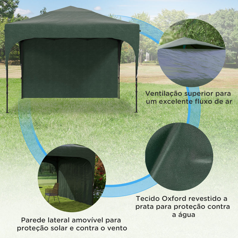 Tenda Dobrável 3x3m com Altura Ajustável Tenda de Jardim com 1 Parede Lateral Teto com Ventilação 4 Sacos de Areia e Bolsa de Transporte para Campismo Festas Verde