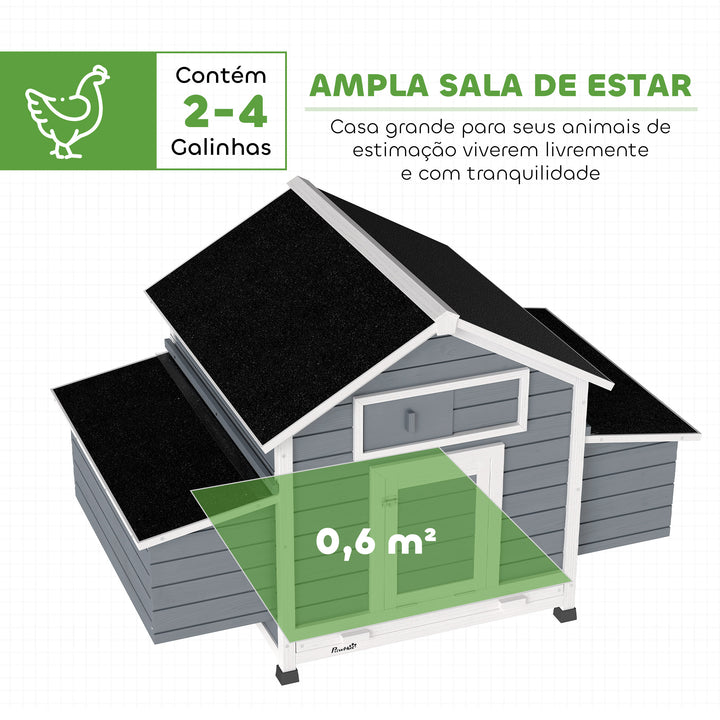 Galinheiro de Madeira para Exterior Casa para Galinhas com 2 Ninhos Bandeja Removível Poleiros Telhado Impermeáve, Casa para 2-4 Galinhas e Coelhos 150x100x96,5 cm Cinzento