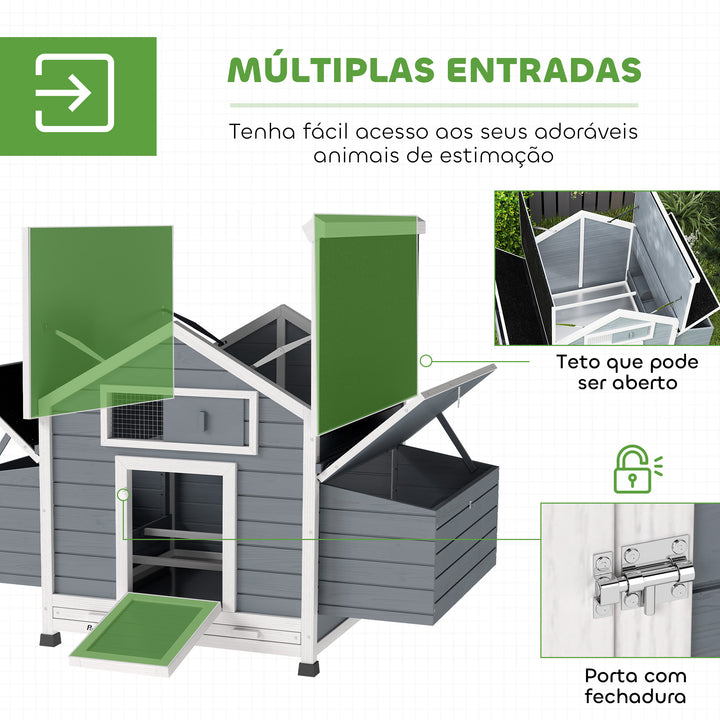 Galinheiro de Madeira para Exterior Casa para Galinhas com 2 Ninhos Bandeja Removível Poleiros Telhado Impermeáve, Casa para 2-4 Galinhas e Coelhos 150x100x96,5 cm Cinzento