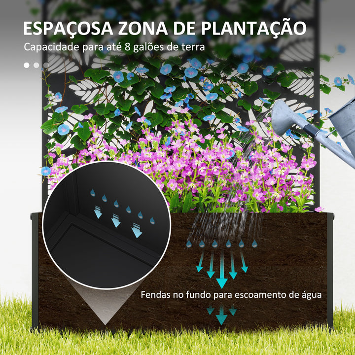 Floreira de Exterior Floreira de Metal com Ecrã de Privacidade com Folhas Decorativas Floreira de Parede ou Independente para Pátio Varanda 61x23x113 cm Preto