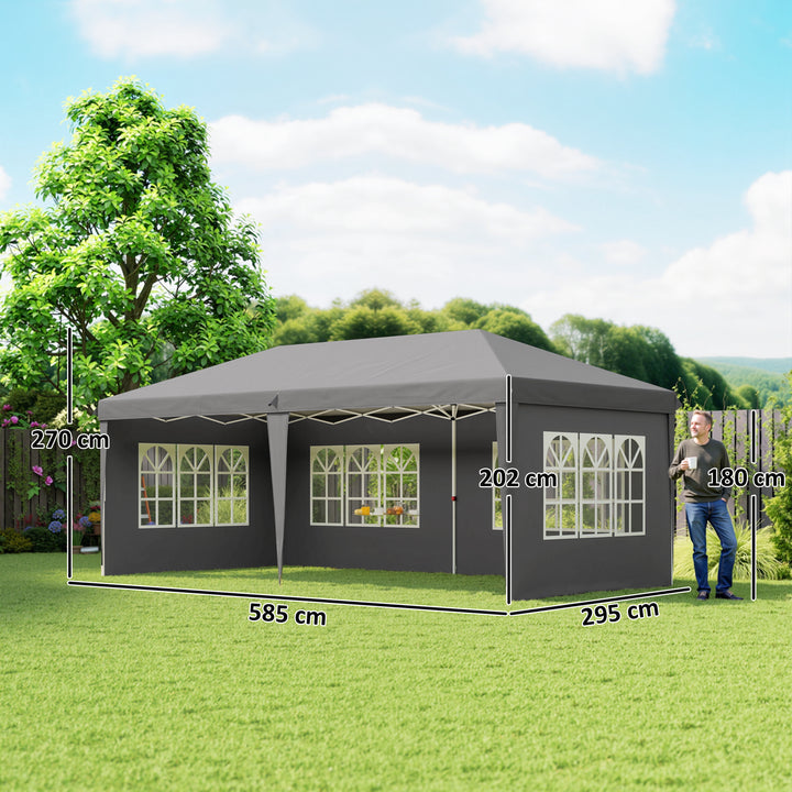 Tenda Dobrável 585x295x270 cm com 4 Paredes Laterais Amovíveis Tenda de Jardim com 4 Janelas e Bolsa de Transporte para Pátio Exterior Cinzento