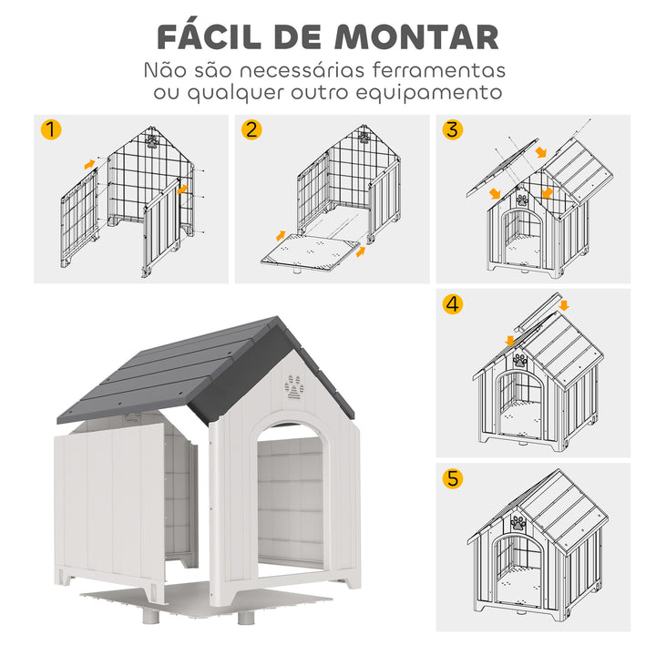 Casota para Cães de Exterior Casa para Cães Grandes em Plástico Impermeável com 2 Janelas Base Elevada Estacas Fácil de Montar 88x79x89 cm Cinzento