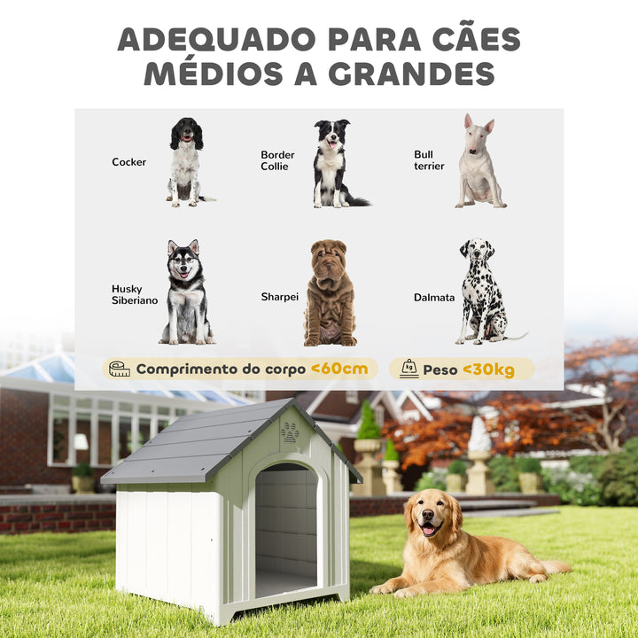 Casota para Cães de Exterior Casa para Cães Grandes em Plástico Impermeável com 2 Janelas Base Elevada Estacas Fácil de Montar 88x79x89 cm Cinzento