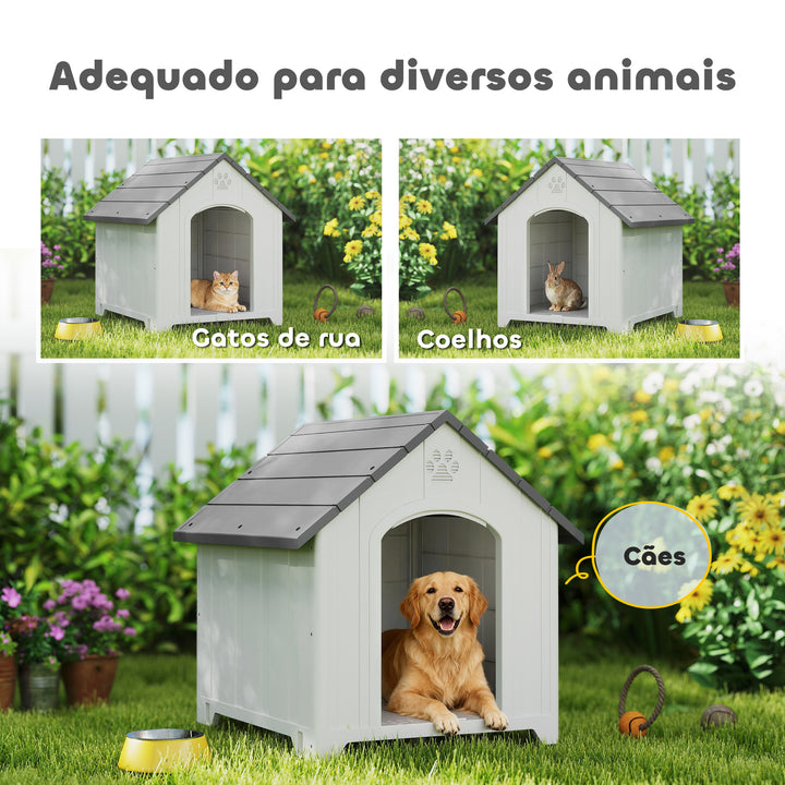 Casota para Cães de Exterior Casa para Cães Grandes em Plástico Impermeável com 2 Janelas Base Elevada Estacas Fácil de Montar 88x79x89 cm Cinzento