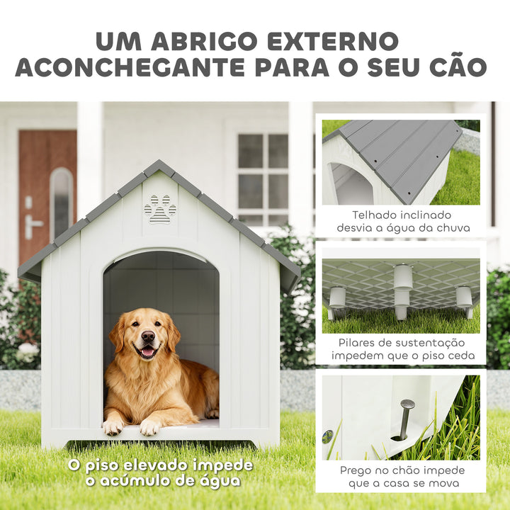 Casota para Cães de Exterior Casa para Cães Grandes em Plástico Impermeável com 2 Janelas Base Elevada Estacas Fácil de Montar 88x79x89 cm Cinzento