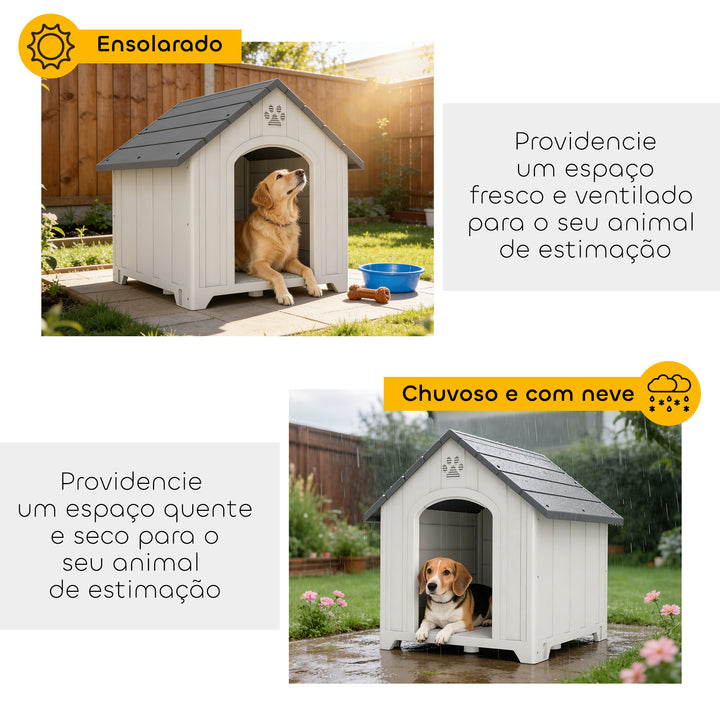 Casota para Cães de Exterior Casa para Cães Grandes em Plástico Impermeável com 2 Janelas Base Elevada Estacas Fácil de Montar 88x79x89 cm Cinzento