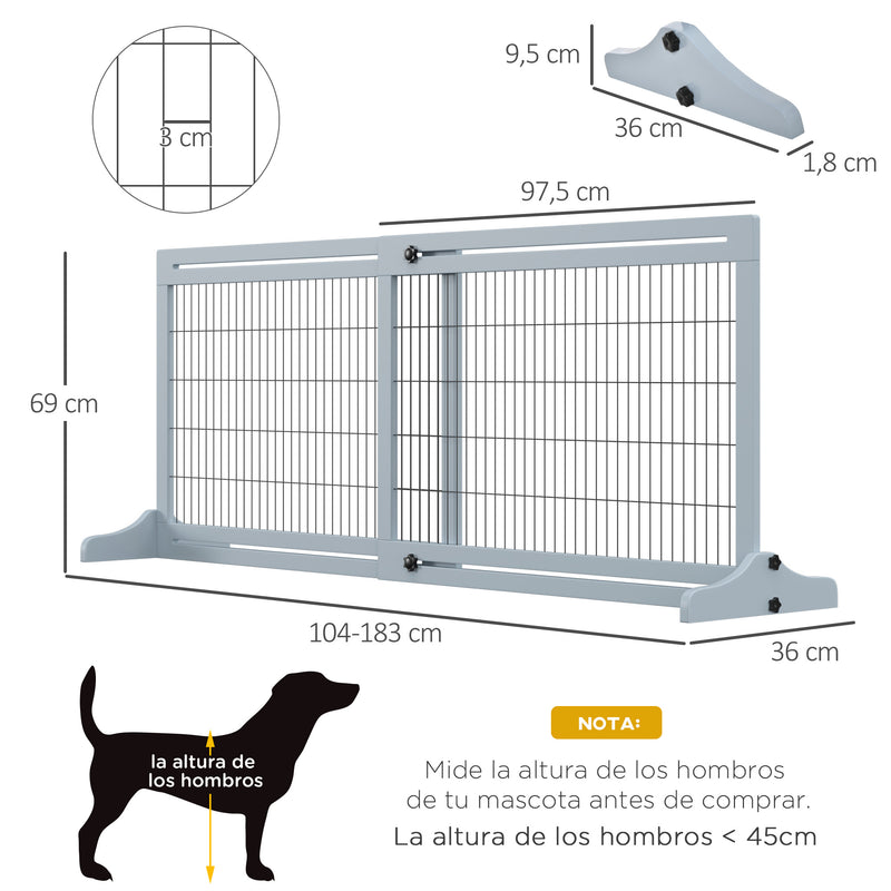 Barreira de Segurança para Cães de Madeira Extensível com Pés de Suporte Barreira de Proteção para Animais de Estimação para Portas Escada Corredor 104-183x36x69 cm Cinza