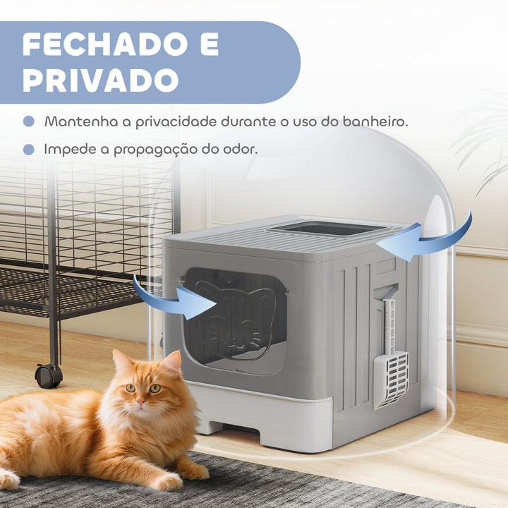Caixa de Areia para Gatos Dobrável M Caixa de Areia com Tampa de Grelha Gaveta Removível Pá Gancho Lateral Fácil de Limpar Antifugas Cinzento