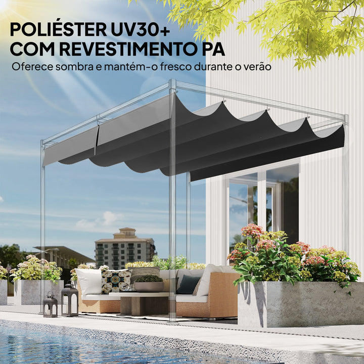 Telhado para Pérgola 3,92 x 3,5 m Toldo de Reposição Retrátil para Estrutura de Pérgola de 4x3 m, UV30+ Apenas Cobertura de Tecido para Jardim com 8 Orifícios de Drenagem, Cinzento Escuro