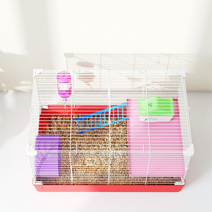 Gaiola para Hamster Casa para Hamster 47x30x27cm com 1 Andar Comedouro Bebedouro Rampa Roda de Exercício para Pequenos Animais Branco e Vermelho