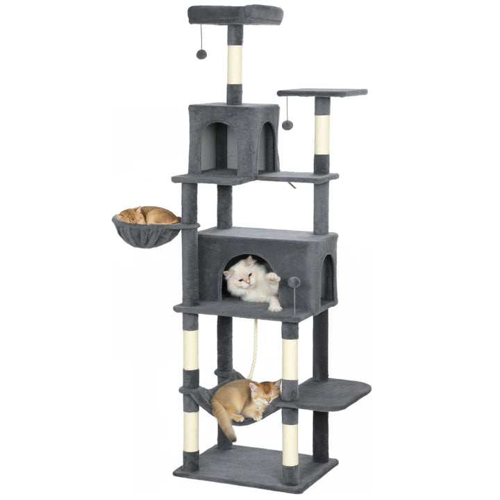 Arranhador para Gatos 202 cm Torre de Escalada com Plataformas Plataformas Caverna Postes de Sisal Bolas e Corda para Brincar Cinzento