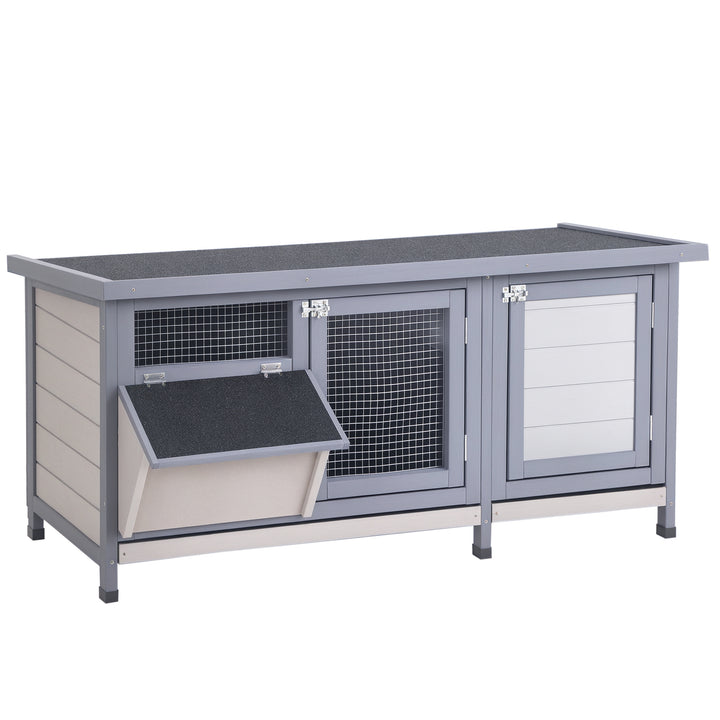 Coelheira de Madeira Gaiola para Coelhos com Telhado Asfáltico Rebatível Portas com Fecho Bandejas Removíveis e Comedouro Coelheira para Exterior 112x50x54 cm Cinzento