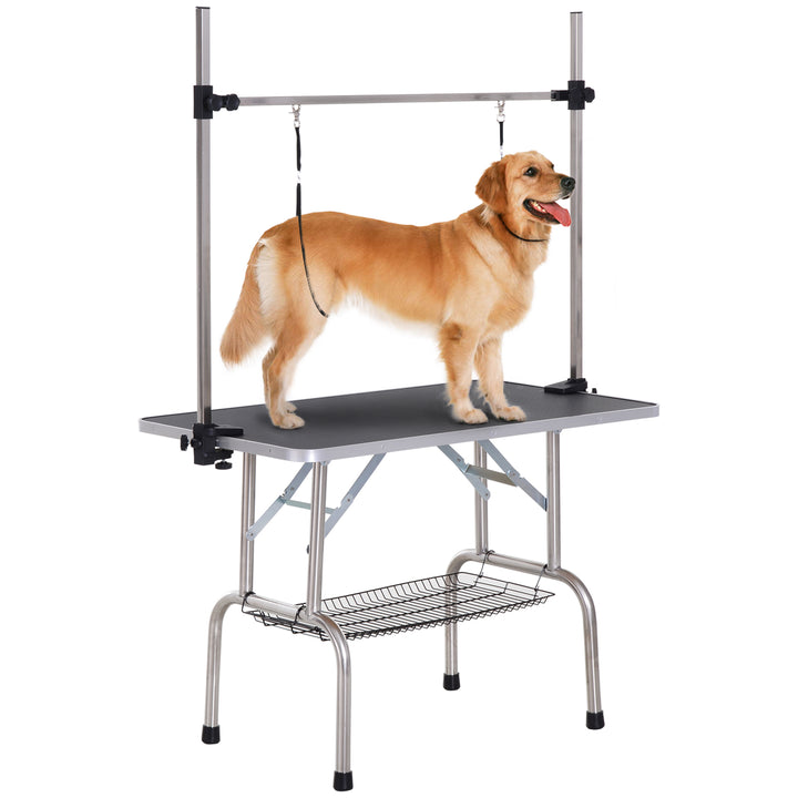Mesa de Tosquia para Animais de Estimação Mesa de Tosquia para Cães Dobrável com Prateleira de Armazenamento Estrutura de Aço e Altura Ajustável 20-80 cm 107x60x170 cm Preto