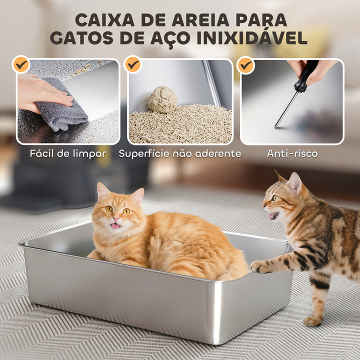 Caixa de Areia para Gatos de Aço Inoxidável XL com Tampa Articulada 180° Laterais Altas Pedal Pá Sem Odores Fácil de Limpar,Antiderrapante 63x43x43 cm Cinzento Escuro