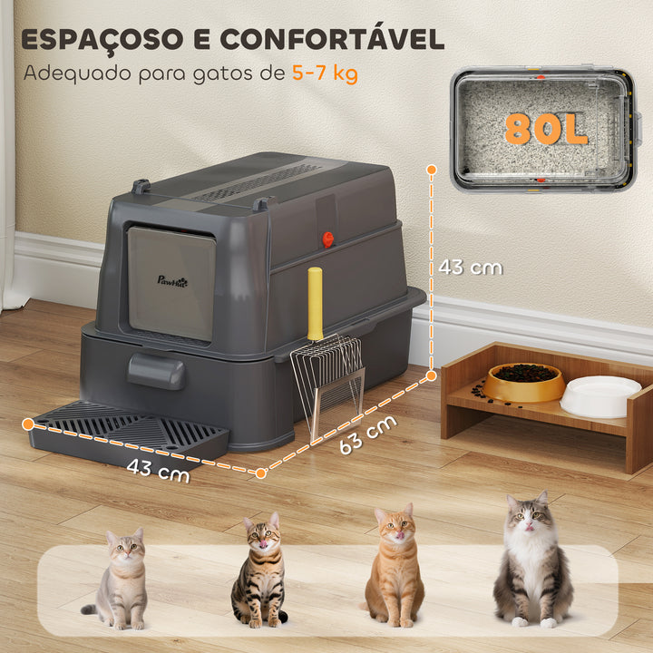 Caixa de Areia para Gatos de Aço Inoxidável XL com Tampa Articulada 180° Laterais Altas Pedal Pá Sem Odores Fácil de Limpar,Antiderrapante 63x43x43 cm Cinzento Escuro